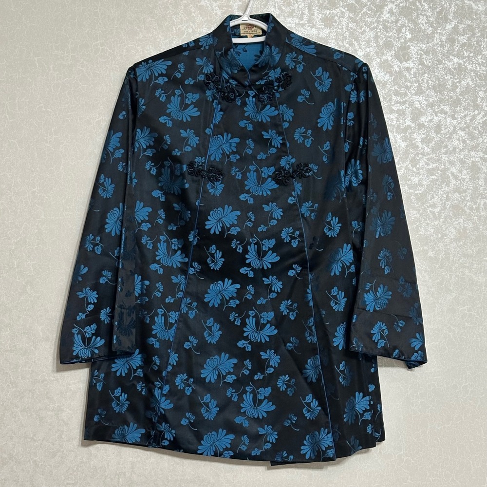 Dynasty Hong Kong Floral Brocade Mandarin Collar Jacket Vintage Black Blue 14